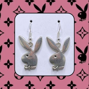 Playboy Bunny Sterling Silver Earrings - Handmade Statement Jewellery Y2K Goth Shiny Rabbit Halloween Gift for Her Hypoallergenic