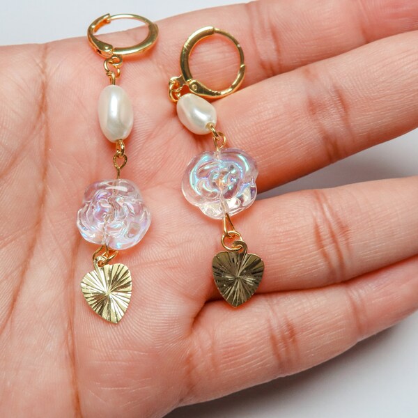 Iridescent & Gold rose heart dangle earrings | cute hypoallergenic huggie earrings