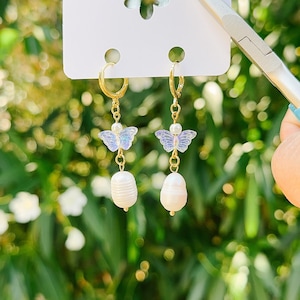 Butterfly Iridescent Gold or Silver Huggie Earrings with Fresh Water Pearls | Huggie Earrings | Dangle Earrings | Charm Earrings | Minimial