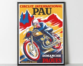 Pau Grand Prix Motorcycle Racing Poster: Vintage French Motorsport Art (Giclee Print)