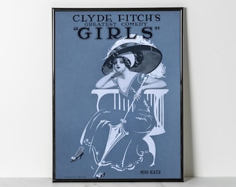 Girls Poster Print: Clyde Fitch Comedy Art, Blue Theatre Decor, Edwardian Fashion (Giclee Print)