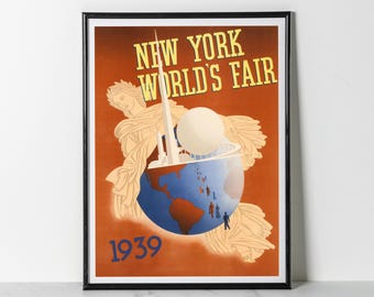 1939 New York World's Fair Poster: Art Deco Globe, Trylon Perisphere (Giclee Print)