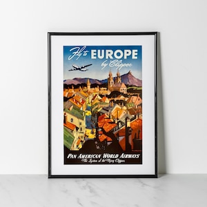 Fly To Europe By Clipper Pan Am Poster | Vintage Plane Travel Print | Retro Transatlantic Wall Art