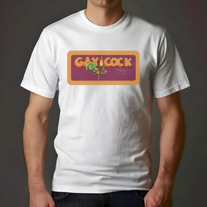 Gay Cock Vintage Label Shirt | Retro Fruit Crate Graphic Tee | Funny LGBTQ+ Pride Rooster Top | Distressed Art Style T-Shirt