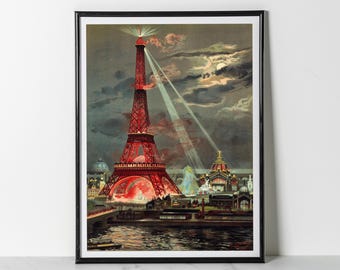 Paris World's Fair 1889 Poster: Illuminated Eiffel Tower Night Scene (Giclee Print)