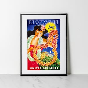 Vintage Hawaii United Air Lines Poster | Retro Tropical Travel Wall Art | Digitally Restored Print