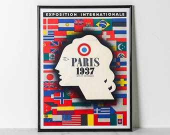 Paris 1937 Exposition Poster Print: Arts et Techniques World Fair Flags Design (Giclee Print)