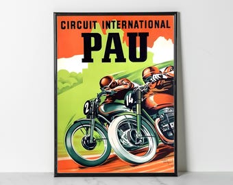 Pau Grand Prix Poster Print: Circuit International Motorcycle Racing Vintage Wall Art (Giclee Print)
