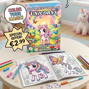 Può includere: Un libro da colorare intitolato The Magic World of Unicorns con una copertina colorata raffigurante un unicorno, un arcobaleno e farfalle. Il libro è aperto su una pagina con disegni al tratto di un unicorno e di una farfalla.