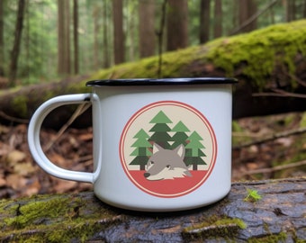Wolf Camping Mug, Cute Wolf Art Enamel Camp Cup, Wolf Badge Steel Cup, Gift for Outdoors Enthusiasts, Gift for Rangers, Gift for Scouts,