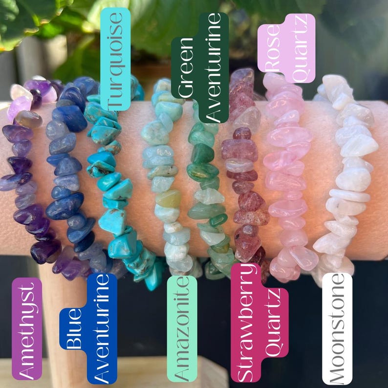 May include: A collection of gemstone chip bracelets in various colors, including amethyst, blue aventurine, turquoise, amazonite, green aventurine, strawberry quartz, rose quartz, and moonstone. Each bracelet is labeled with its corresponding gemstone name.