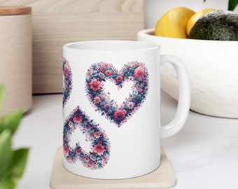 Customized Mug with Five Heart-Shaped Wreaths Composed of Beautiful Flowers: Personalized Gifts for People you love most