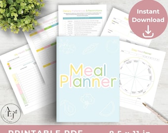 Puede incluir: Un planificador de comidas azul claro con las palabras "Meal Planner" en colores pastel. El planificador está rodeado de otras páginas imprimibles, incluyendo una lista de compras, preferencias dietéticas y un planificador de comidas diario. El texto "PDF IMPRIMIBLE" y "8,5 x 11 pulgadas" están en la parte inferior.