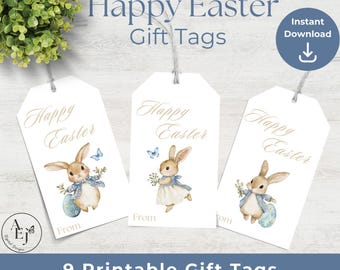 Etiqueta de regalo imprimible de Feliz Pascua, lindo conejito de Pascua, 2 x 3,5 pulgadas, etiquetas de regalo DIY, etiquetas de regalo de canasta de Pascua, obsequio de fiesta