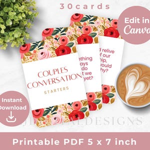 Cartões de início de conversa para casais florais, 30 perguntas para impressão para o Dia dos Namorados, Noite de encontro, Terapia de casal, modelo editável do Canva