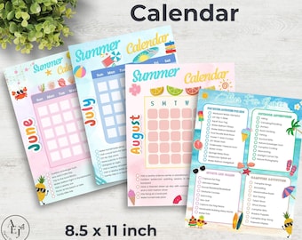 Kindersommerkalender, Sommereimerliste, Aktivitätenplaner für Kinder, Juni, Juli, August, leerer Kalender zum Ausdrucken, Sommerplaner