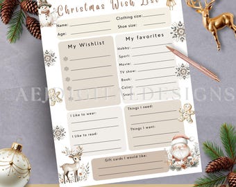 May include: Printable Christmas wish list with a brown and white color scheme. The list includes sections for clothing size, age, favorite hobbies, things needed, things wanted, and gift cards. The list is decorated with illustrations of a snowman, reindeer, gingerbread man, and Santa Claus.