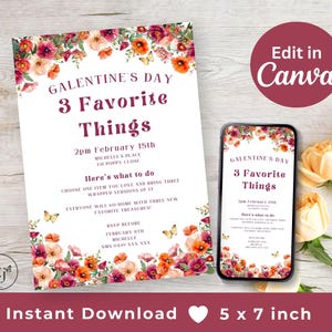 Galentine's Day drei Lieblingssachen Einladung, bearbeitbare Canva 5 x 7-Zoll-Einladung, digitale Text-SMS-Einladung, Blumenparty-Einladung,