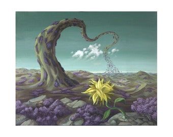 Yellow Flower Surreal Landscape Illustration, Signed Art Print, Wall Art of Acrylic Painting
