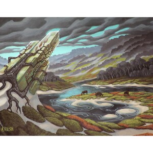 Kryształowy krajobraz surrealistyczna ilustracja, podpisany wydruk artystyczny, sztuka ścienna malarstwa akrylowego