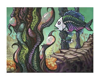 Ryba podwodna surrealistyczna ilustracja fantasy, podpisany wydruk artystyczny, sztuka ścienna z akrylu