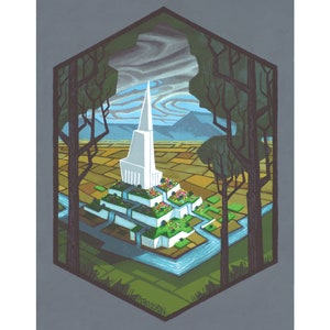 Temple Stylized Landscape Illustration, Signed Art Print, Wall Art of Acrylic Painting