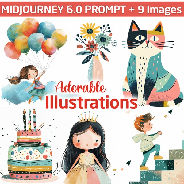 Midjourney Prompt & Images: Adorable Illustrations whimsical cute drawings hand-drawn characters print cliparts animal stickers digital art