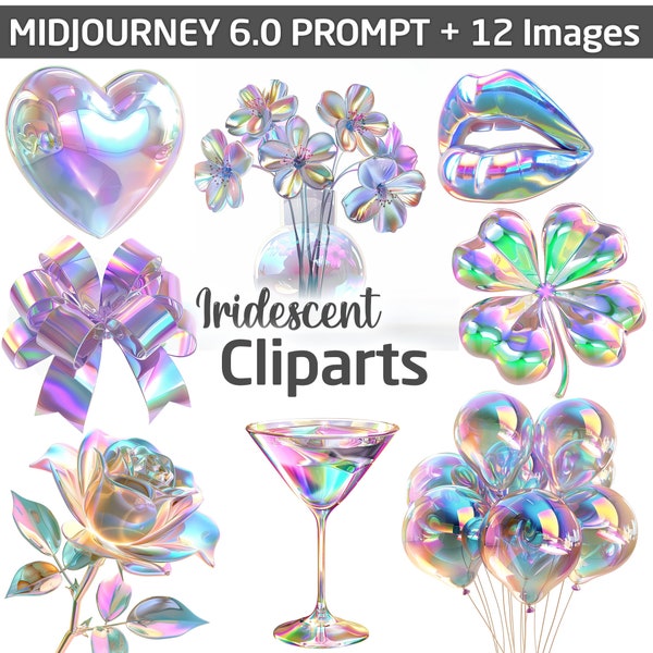 Midjourney prompt & images: Iridescent Cliparts 3d Design ai images illustrations print stickers colored holographic transparent art rainbow