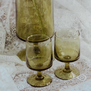 Vintage set blown glass olive green cocktail pitcher with stirrer and 6 green pedestal goblets made in Italy