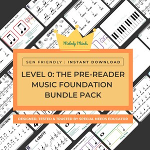 Può includere: Una raccolta di flashcard per l'educazione musicale, con note musicali, tasti del pianoforte e parole. La carta centrale recita "LEVEL 0: THE PRE-READER MUSIC FOUNDATION BUNDLE PACK". Il design include un logo a corona e il testo "SEN FRIENDLY | INSTANT DOWNLOAD."