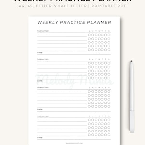 May include: A printable weekly practice planner with four sections for listing daily practice goals and marking off days of the week. The planner is designed for A4, A5, Letter, and Half Letter sizes.
