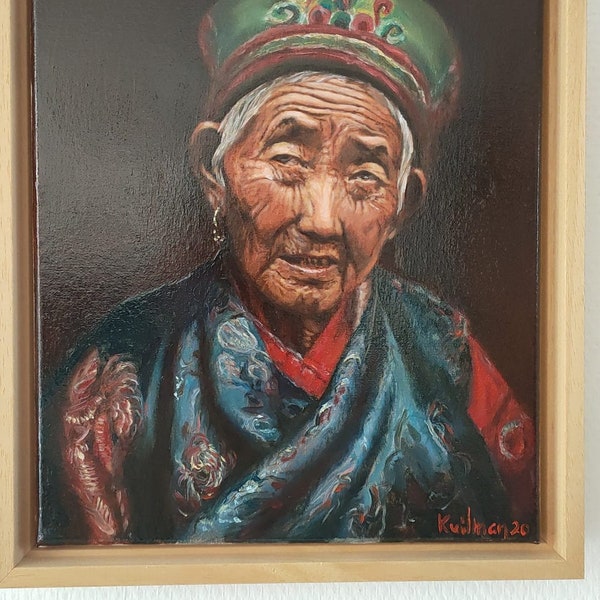 Oil painting old lady tibet 24 x 30 cm