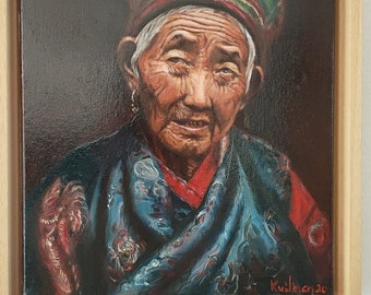 Ölbild alte dame tibet 24 x 30 cm