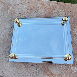 Vintage Small Art Deco Mirrored Vanity Tray Footed with Lucite Bars and Brass Caps