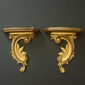 Vintage Syroco Wood Wall Shelves Pair Gold Rococo Hollywood Regency SyrocoWood Wall Brackets Ornate Display Shelves French Provincial Decor