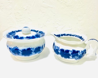 Rare Antique Flow Blue Vinranka by Gefle Porcelain Cream and Sugar Bowls Sweden