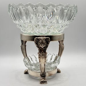 Vintage Crystal 2 Tier Serving Bowl Silverplate Lion Head Stand Footed Centerpiece Hollywood Regency