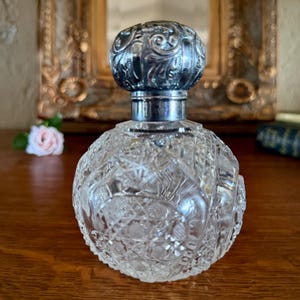 Antique English Cut Crystal Perfume Bottle with Sterling Silver Hinged Lid | Victorian Vanity Scent Bottle | Collectible Dressing Table Deco
