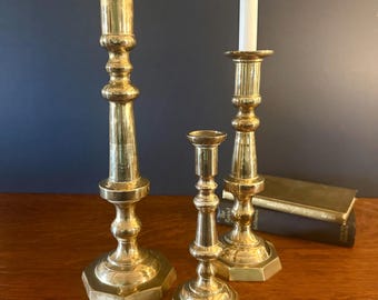 Vintage Brass Candlesticks Set of 3 Graduated Gold Tone Candleholders