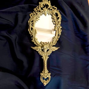 Vintage Victorian Cherub Brass Hand Mirror with New Mirror, Hollywood Regency Decor