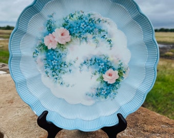 Kaiser Romantica Germany hand painted plate 11” blue and white with blue and pink flowers porcelain vintage