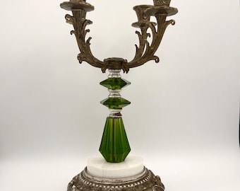 Vintage Lucite Candelabra 13.5” Green Acrylic Brass 4 Arm Candle Holder