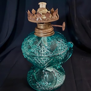 Vintage Blue Pressed Glass Oil Lamp, Kerosene Fuel
