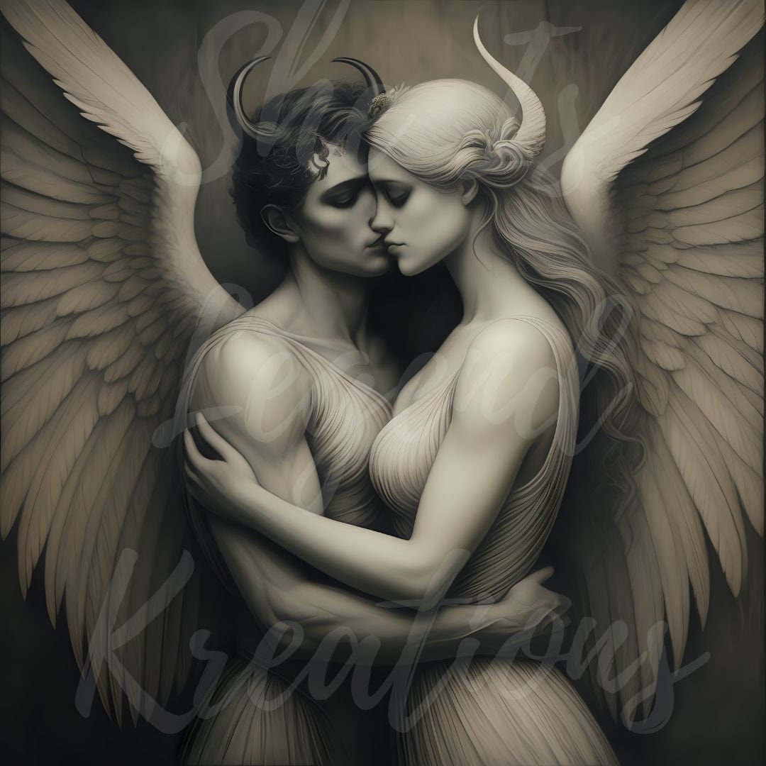 Angels Art Print #11-Embrace the Duality of Light & Dark in this Beautiful Wall Art, Digital Download-A Stunning Contrast of Heavenly Beings