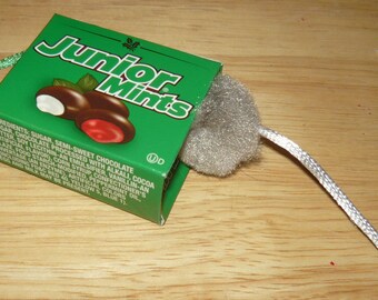 Gray Mouse Butt in a Green Christmas Junior Mints Candy Box Christmas Ornament