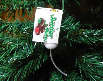 Gray Mouse Butt in a Christmas Junior Mints Candy Box Christmas Ornament