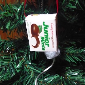 Gray Mouse Butt in a Junior Mints Candy Box Christmas Ornament