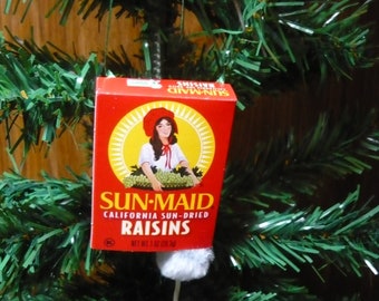 Gray Mouse Butt in a Sun-Maid Raisins Box Christmas Ornament