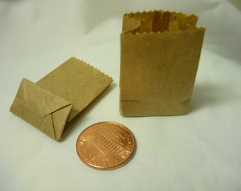 2 Miniature Brown Paper Grocery Bags 1/12 scale bag for dollhouse, printers drawer, knick knack shelf or scrapbooking