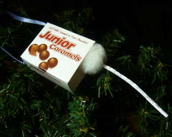 White Mouse Butt in a Junior Caramels Candy Box Christmas Ornament